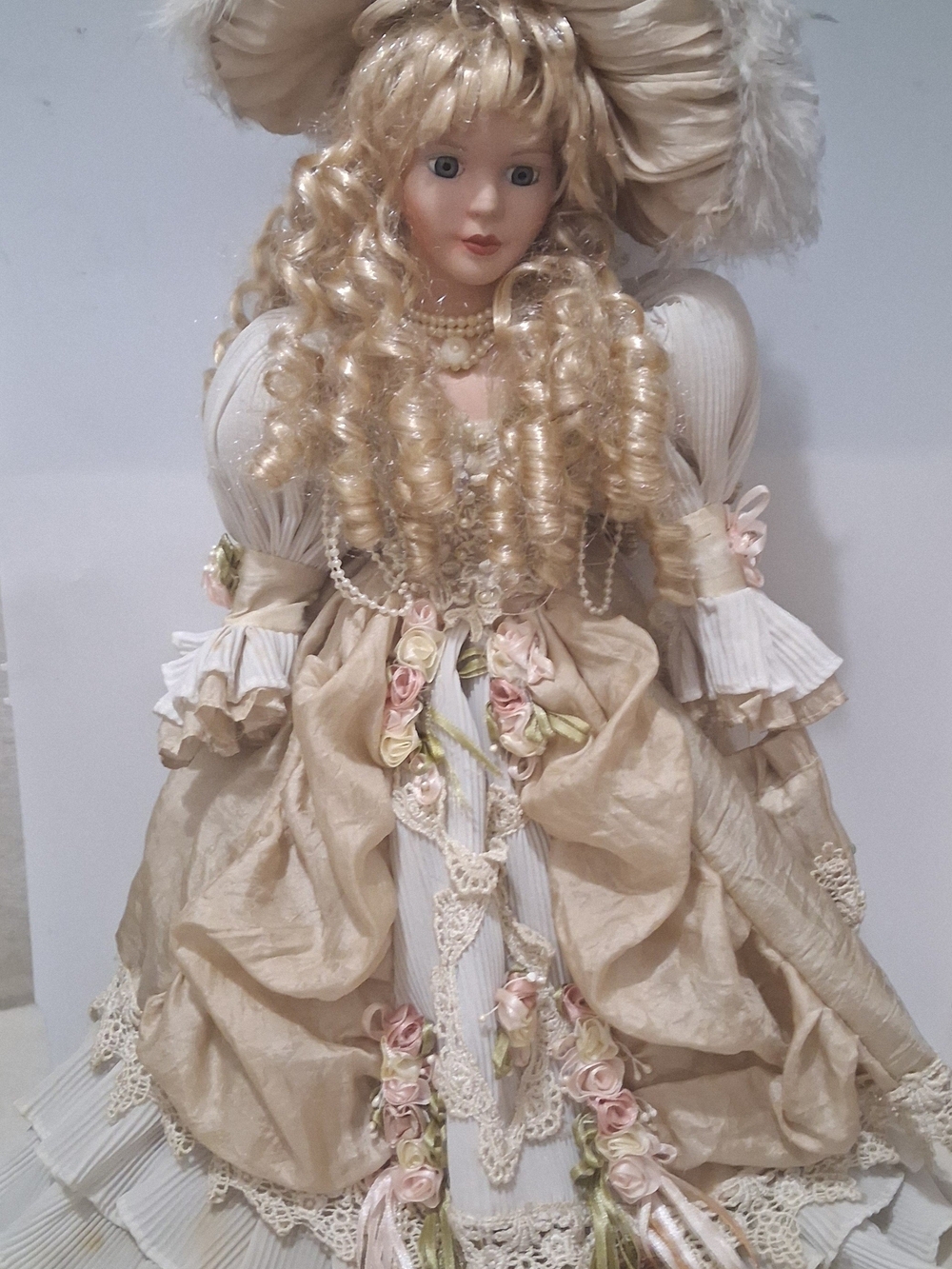 Duck House Victorian Style Porcelain Girl Doll Blonde Curls Blue Eyes Hat